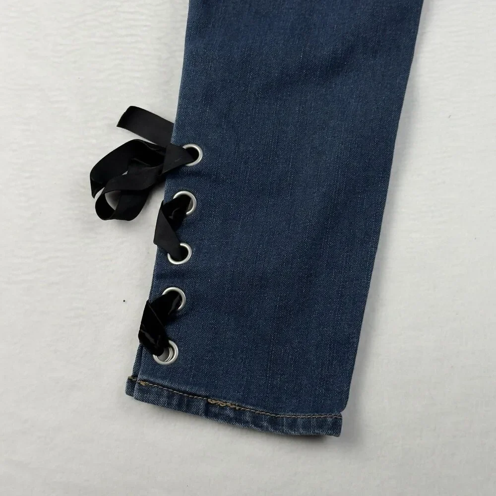 Cato High Rise Jeans Lace up Hem Women's 10 Petite (30x27 Fit) Dark Blue Denim - Picture 9 of 15